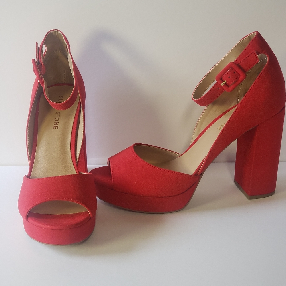 Sun & Stone "REEMAA" Red Microsuede High Heeled, Platform Sandal, Size 12M